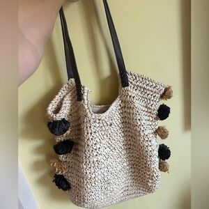 Cappelli straw bag modern boho slouchy Pom Poms 18 by 17